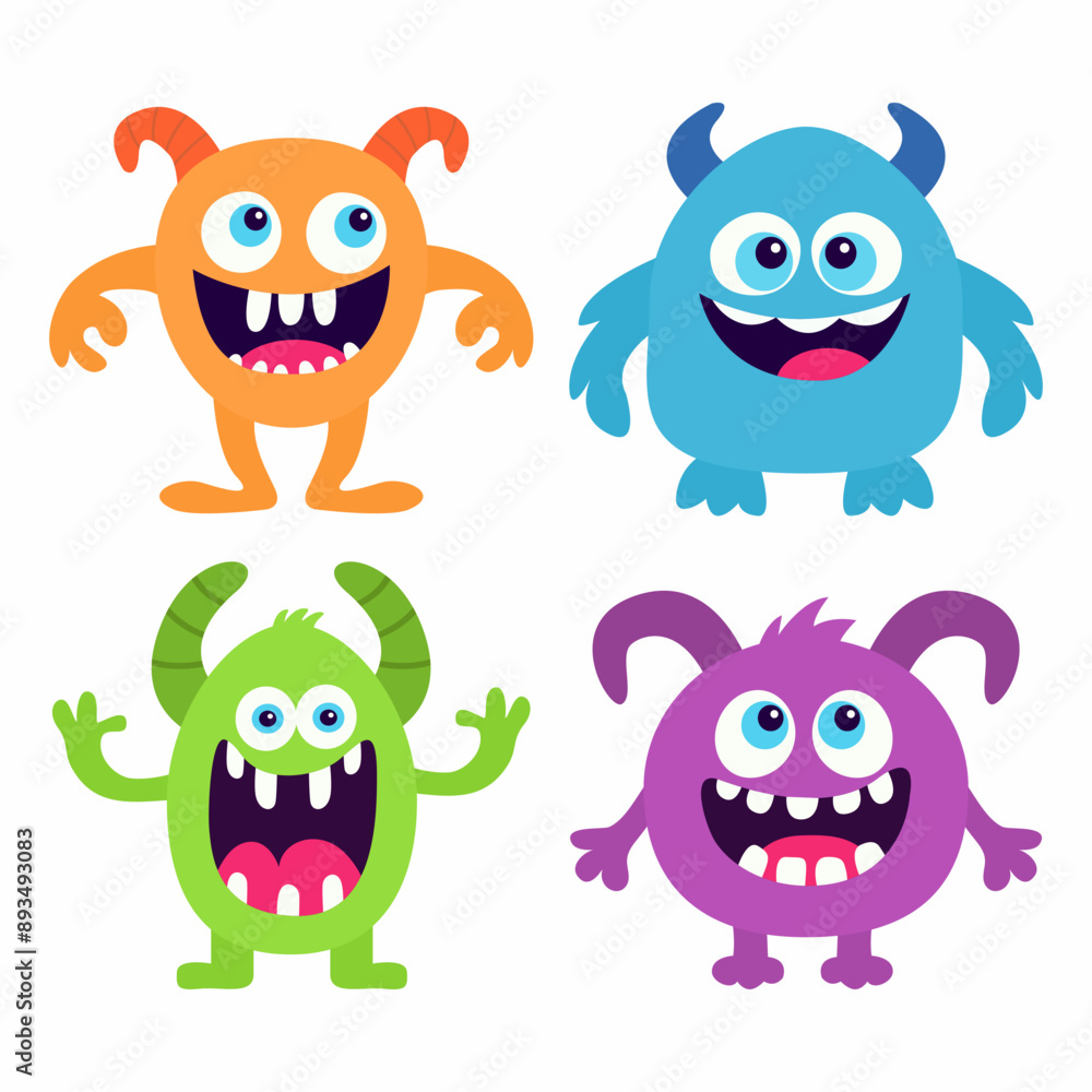 Fototapeta premium Monster set. Happy Halloween. Cartoon kawaii funny baby character. Smiling face. Cute colorful monsters silhouette icon. Horns, eyes, teeth, hands. Flat design. Childish style. White background Vector