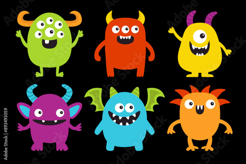 Monster set. Happy Halloween. Cute kawaii cartoon funny baby character icon. Colorful silhouette. Horns, wings, fang teeth, eyes. Sticker print. Childish style. Flat design. Black background. Vector