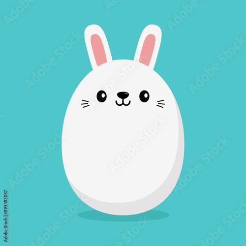 White bunny rabbit hare egg shape. Painting eggs with pink ears. Funny head face. Happy Easter. Cute kawaii cartoon baby character. Greeting card. Childish style. Blue background. Flat design. Vector