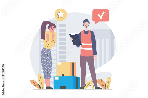 Delivery concept in modern flat design for web. Courier with clipboard shipping parcel boxes and distributing orders to happy client at home. Fast shipment and postal logistics. Vector illustration.