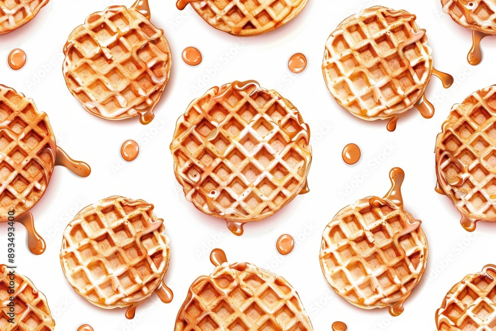 Seamless row of maple caramel honey syrup drizzled over mini Dutch stroopwafel waffle cookies. Copy text space. Top flat lay view. Seamless row of maple caramel honey syrup drizzled over mini Dutch stroopwafel waffle cookies. Copy text space. Top flat lay view.