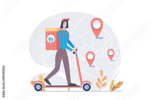Delivery concept in modern flat design for web. Woman courier riding kick scooter and shipping food in bag, distributing orders to happy client at home with online tracking. Vector illustration.