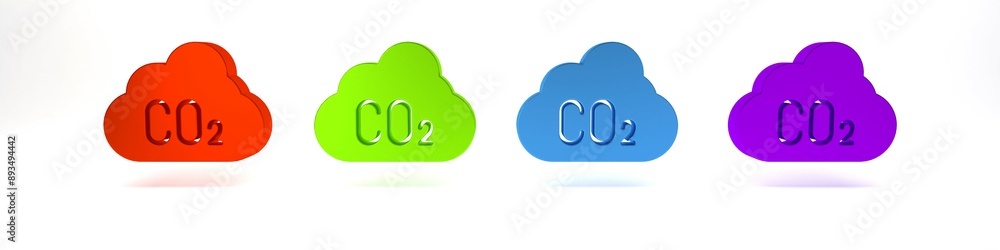 Colorful CO2 emissions in cloud icon isolated on white background. Carbon dioxide formula, smog pollution concept, environment concept. Minimalism concept. 3D render illustration Colorful CO2 emissions in cloud icon isolated on white background. Carbon dioxide formula, smog pollution concept, environment concept. Minimalism concept. 3D render illustration