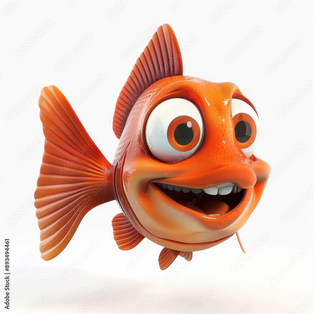A 3D cartoon of a joyful fish, grinning widely, big expressive eyes, vibrant orange color A 3D cartoon of a joyful fish, grinning widely, big expressive eyes, vibrant orange color