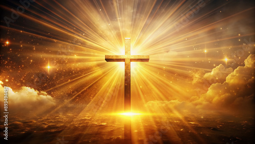 A radiant cross radiates warm golden light in a mystical atmosphere, symbolizing faith, spirituality, and exaltation, perfect for Easter and other religious holidays, with ample copy space.