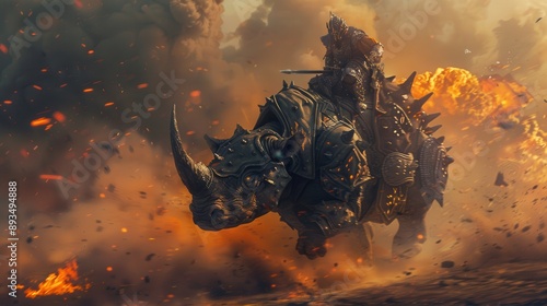 A cinematic shot of a warrior riding a massive armored rhino, the warrior is wearing intricate battle armor with glowing runes, the rhino is covered in heavy, spiked plating, charg photo