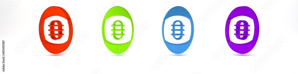 Colorful American Football ball icon isolated on white background. Rugby ball icon. Team sport game symbol. Minimalism concept. 3D render illustration Colorful American Football ball icon isolated on white background. Rugby ball icon. Team sport game symbol. Minimalism concept. 3D render illustration