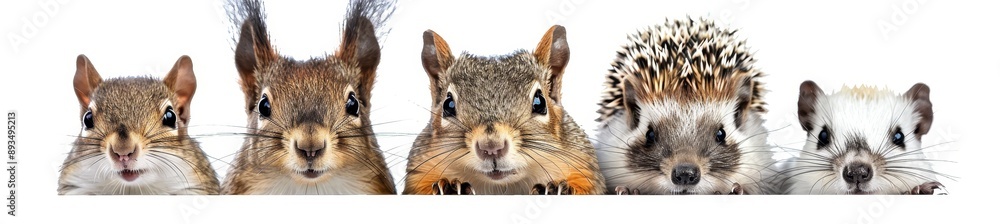 Obraz premium A set of five small rodent mammal animals, a hamster, mouse, rat, squirrel, porcupine, and hedgehog, isolated on transparent background cutouts.