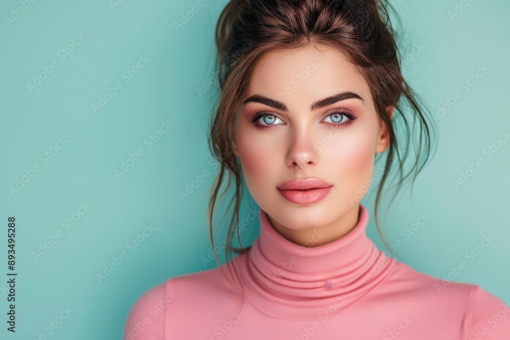 Photo editorial concept of a beautiful woman with chiseled features and pink makeup. The image is illuminated with dynamic composition and dramatic lighting. The copy text space is provided. Photo editorial concept of a beautiful woman with chiseled features and pink makeup. The image is illuminated with dynamic composition and dramatic lighting. The copy text space is provided.