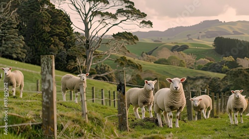 Five white lambs stand in a row by a wooden fence in a grassy field, looking toward the camera. The field is green and rolling hills can be seen in the background photo