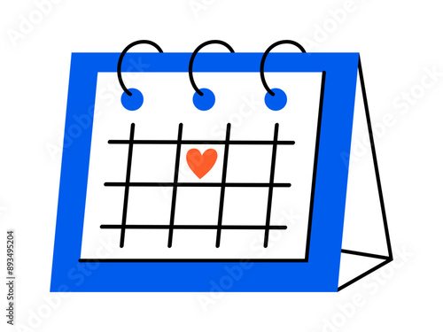 Hand drawn cute cartoon illustration of calendar with heart on 14 February. Flat vector date planning in colored doodle style. Valentines day reminder icon or print. Romantic event schedule. Isolated.