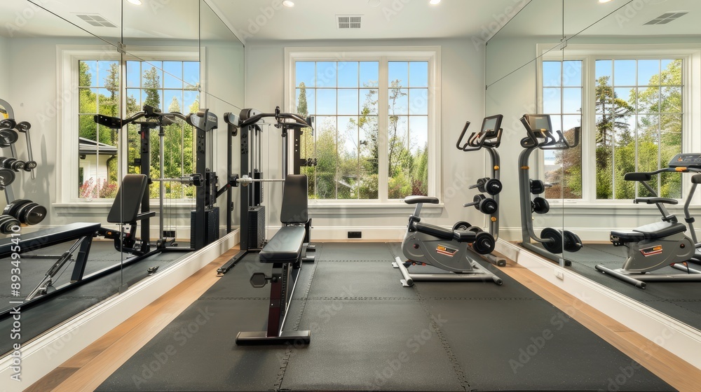 Obraz premium A transitional home gym with state-of-the-art equipment