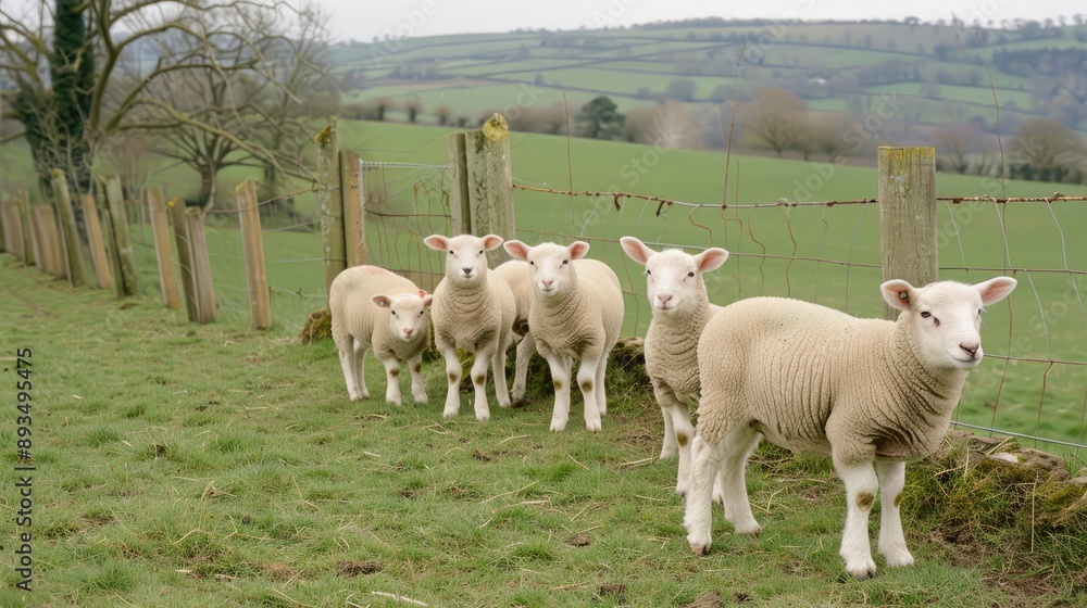 Obraz premium Five white lambs stand in a row by a wooden fence in a grassy field, looking toward the camera. The field is green and rolling hills can be seen in the background
