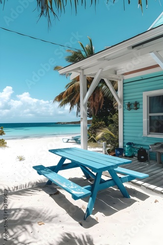 Serene beachside porch with blue picnic table photo