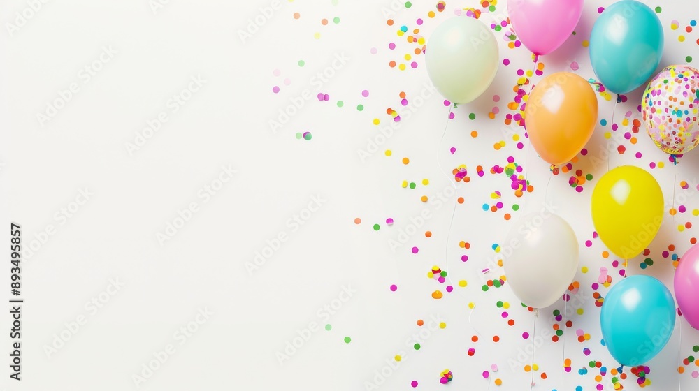 Festive Birthday Background with Balloons and Confetti on White Backdrop for Custom Text or Images Festive Birthday Background with Balloons and Confetti on White Backdrop for Custom Text or Images