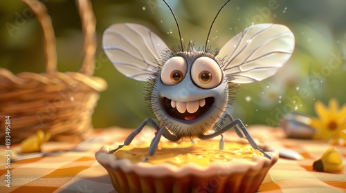 A close-up 3D cartoon of a joyful fly on top of a pie, grinning widely, big expressive eyes, tiny wings photo