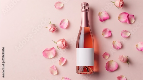 Mockup of a pink champagne bottle with blank label on a light pink background with rose petals top view. commercial photography
