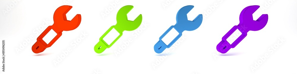 Colorful Wrench spanner icon isolated on white background. Spanner repair tool. Service tool symbol. Minimalism concept. 3D render illustration Colorful Wrench spanner icon isolated on white background. Spanner repair tool. Service tool symbol. Minimalism concept. 3D render illustration