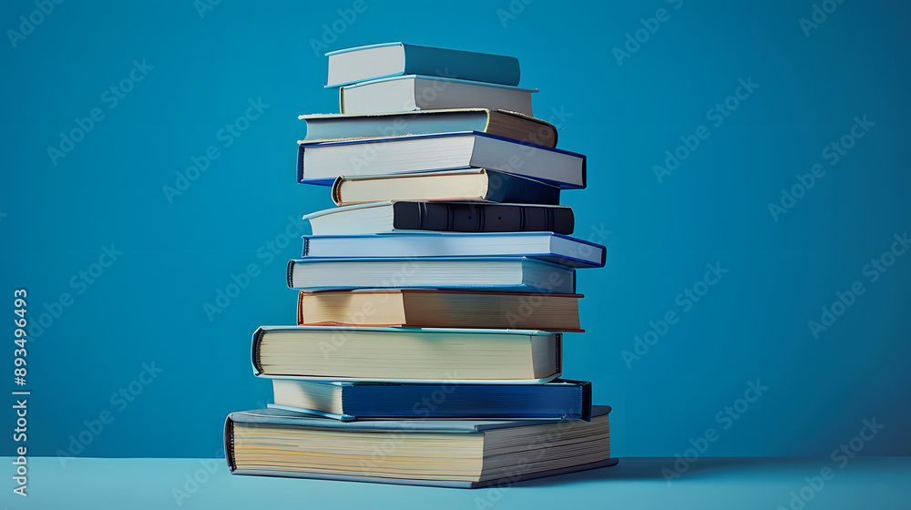 Pile of books organized on top of each other in a blue background Pile of books organized on top of each other in a blue background