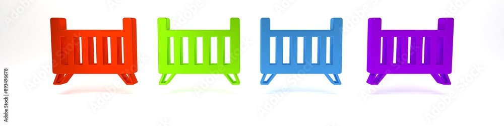 Colorful Baby crib cradle bed icon isolated on white background. Minimalism concept. 3D render illustration Colorful Baby crib cradle bed icon isolated on white background. Minimalism concept. 3D render illustration
