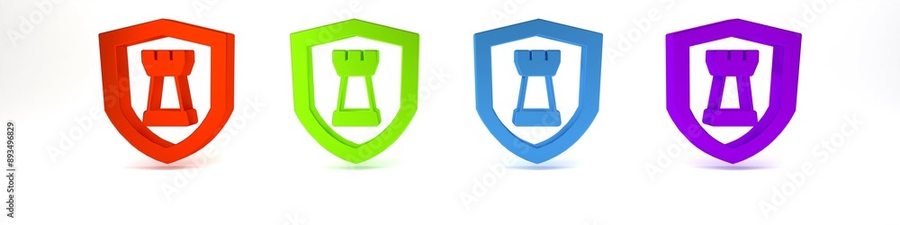 Colorful Chess shield icon isolated on white background. Business strategy. Game, management, finance. Minimalism concept. 3D render illustration Colorful Chess shield icon isolated on white background. Business strategy. Game, management, finance. Minimalism concept. 3D render illustration