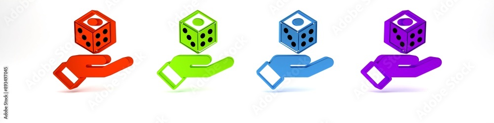Colorful Game dice icon isolated on white background. Casino gambling. Minimalism concept. 3D render illustration Colorful Game dice icon isolated on white background. Casino gambling. Minimalism concept. 3D render illustration