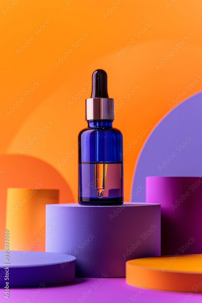 The dropper bottle is featured on a circular podium against a backdrop of two tones The dropper bottle is featured on a circular podium against a backdrop of two tones