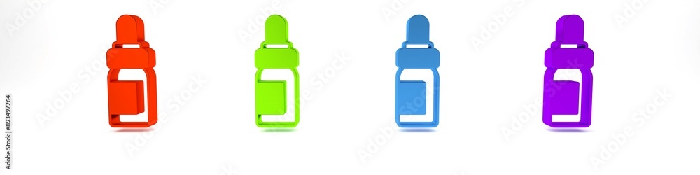 Colorful Essential oil bottle icon isolated on white background. Organic aromatherapy essence. Skin care serum glass drop package. Minimalism concept. 3D render illustration Colorful Essential oil bottle icon isolated on white background. Organic aromatherapy essence. Skin care serum glass drop package. Minimalism concept. 3D render illustration