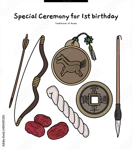 It is a traditional Korean culture. It is an old-fashioned tool to predict the future on a child's first birthday. They are bows and arrows, coins, threads, jujube, and japae. Translation: coins