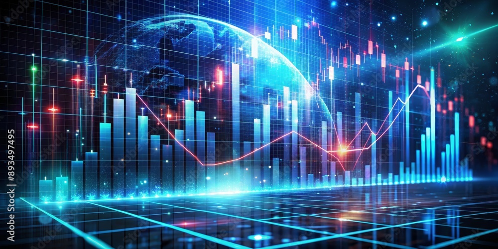 Global Financial Market Data Visualization with Blue and Red Graphs and Globe Global Financial Market Data Visualization with Blue and Red Graphs and Globe