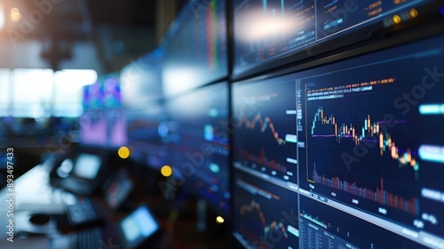 Wallpaper Mural A close-up photograph from behind of trading monitors displaying stock market graphs, vibrant and dynamic charts, multiple screens Torontodigital.ca