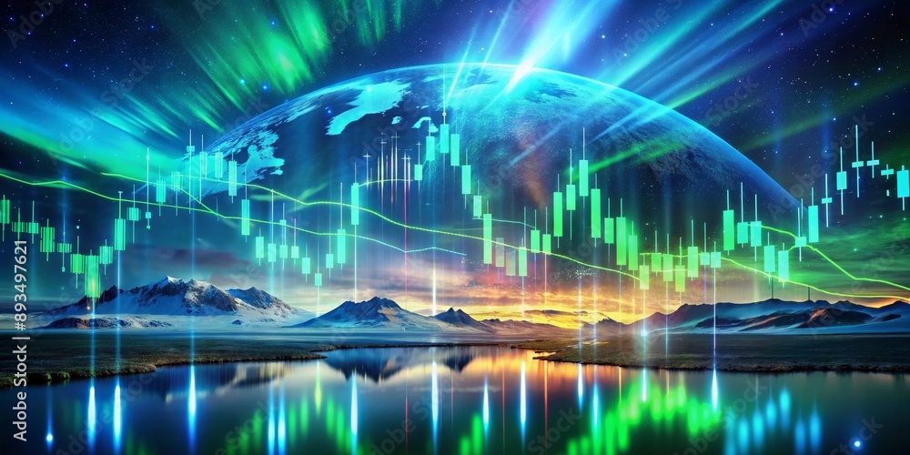 Obraz premium Global Market Trends and Earth with Aurora Borealis, Financial Stock Chart Background