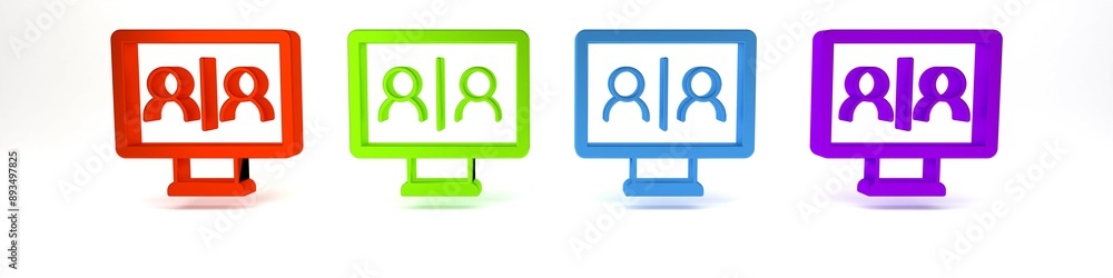 Colorful Video chat conference icon isolated on white background. Online meeting work form home. Remote project management. Minimalism concept. 3D render illustration Colorful Video chat conference icon isolated on white background. Online meeting work form home. Remote project management. Minimalism concept. 3D render illustration