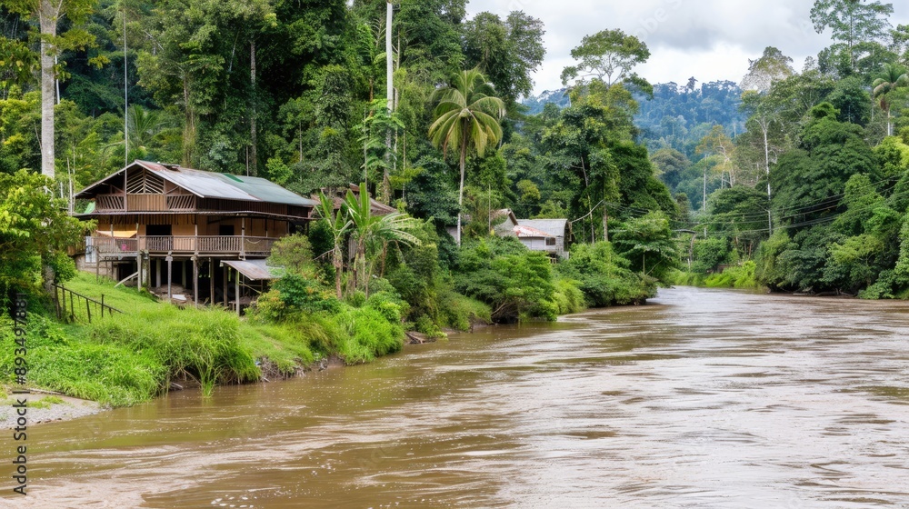 A row of colorful houses on stilts reflect in a calm lake, nestled amidst lush greenery and a misty mountain backdrop A row of colorful houses on stilts reflect in a calm lake, nestled amidst lush greenery and a misty mountain backdrop