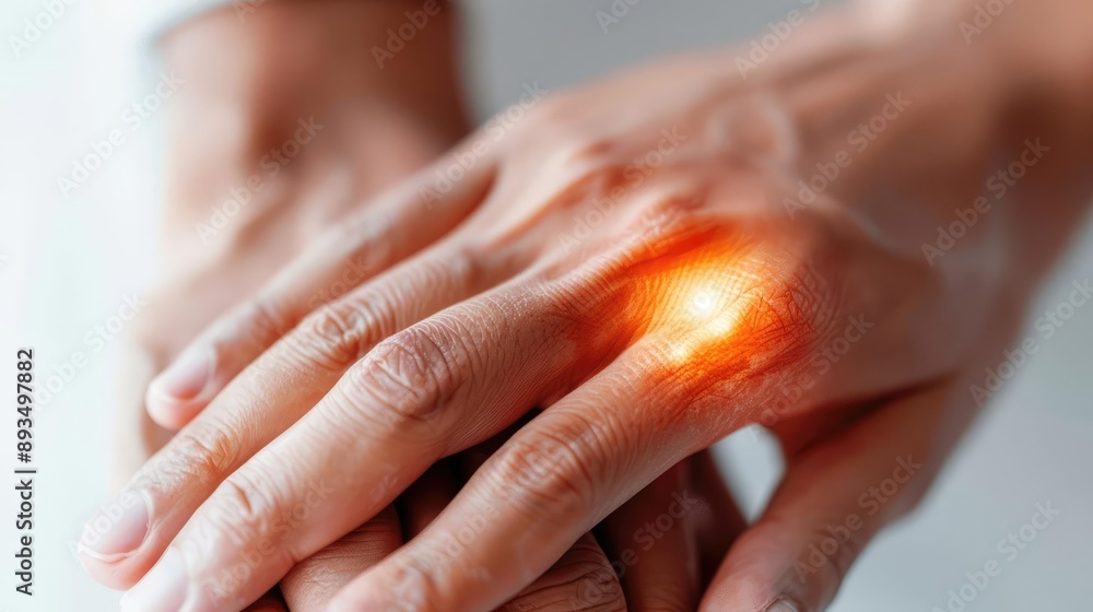 Naklejka premium Artistic close-up of a hand with gout, focusing on warmth, tenderness, and hyperuricemia, medical illustration of severe joint inflammation