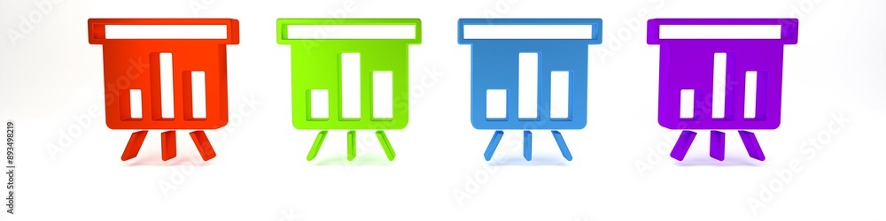 Colorful Board with graph chart icon isolated on white background. Report text file icon. Accounting sign. Audit, analysis, planning. Minimalism concept. 3D render illustration Colorful Board with graph chart icon isolated on white background. Report text file icon. Accounting sign. Audit, analysis, planning. Minimalism concept. 3D render illustration