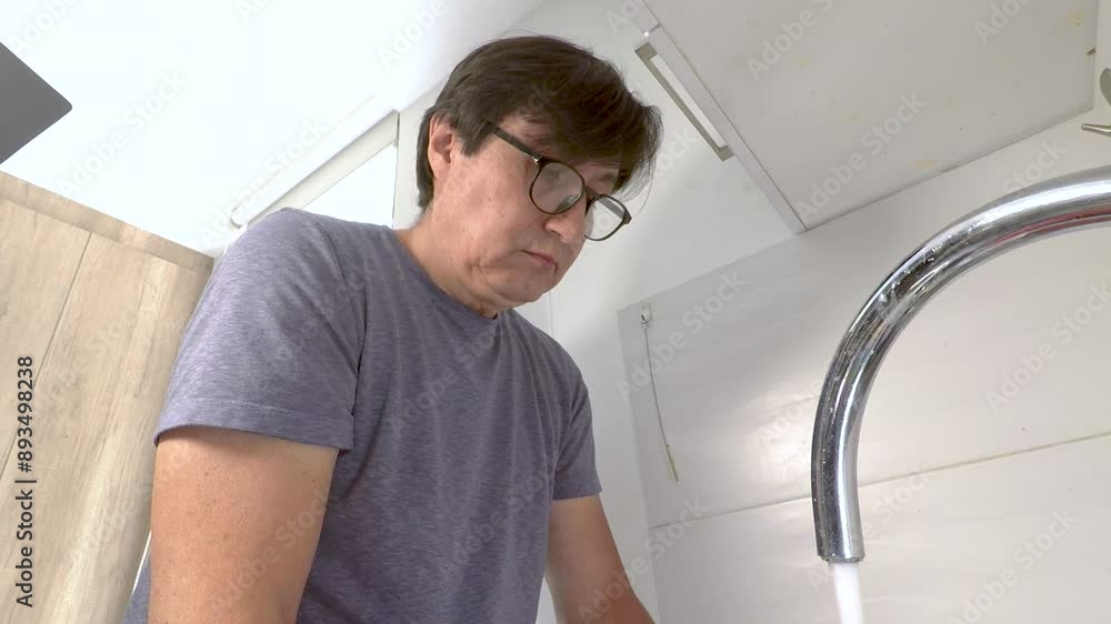 UGC content of a Latino man washing dishes in the kitchen sink UGC content of a Latino man washing dishes in the kitchen sink