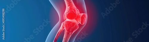 Close-up of a severely inflamed knee with osteoarthritis, showing intense redness and swelling, medical illustration of joint pain and inflammation
