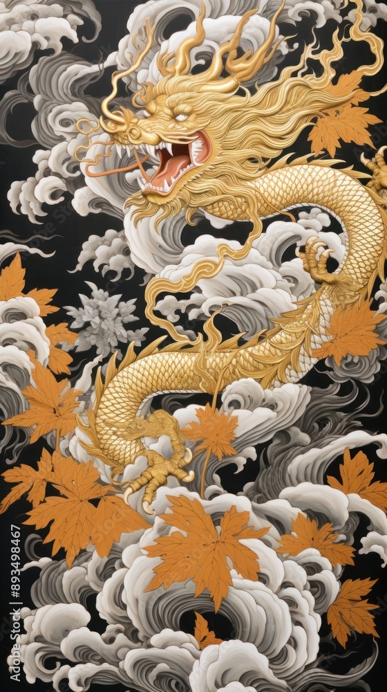 Fototapeta premium Gold and silver chinese dragons representation spirituality calligraphy.