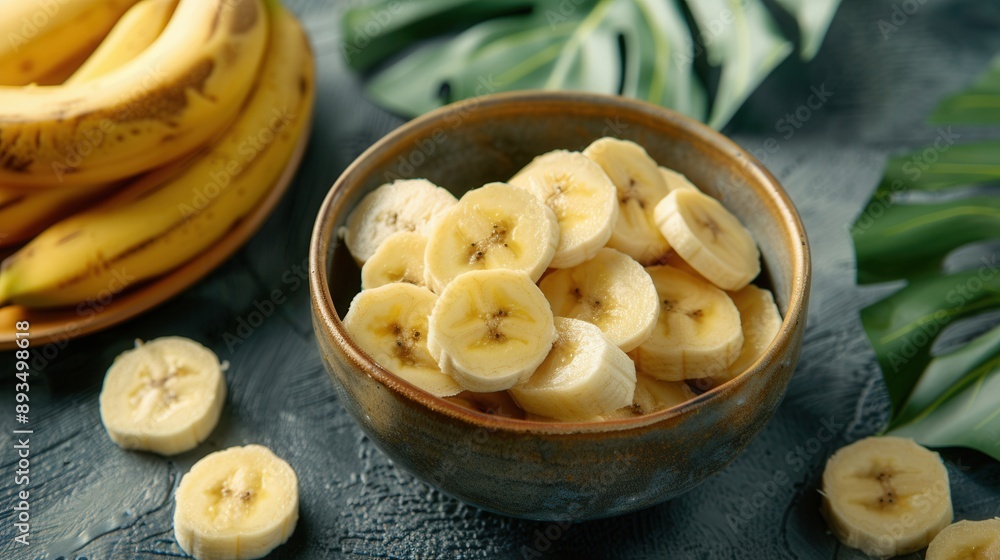 Fresh sliced banana fruit in a bowl on wooden table closeup view Fresh sliced banana fruit in a bowl on wooden table closeup view