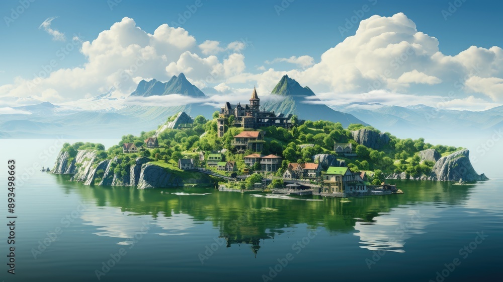 Obraz premium A beautiful green isle floating among clouds 