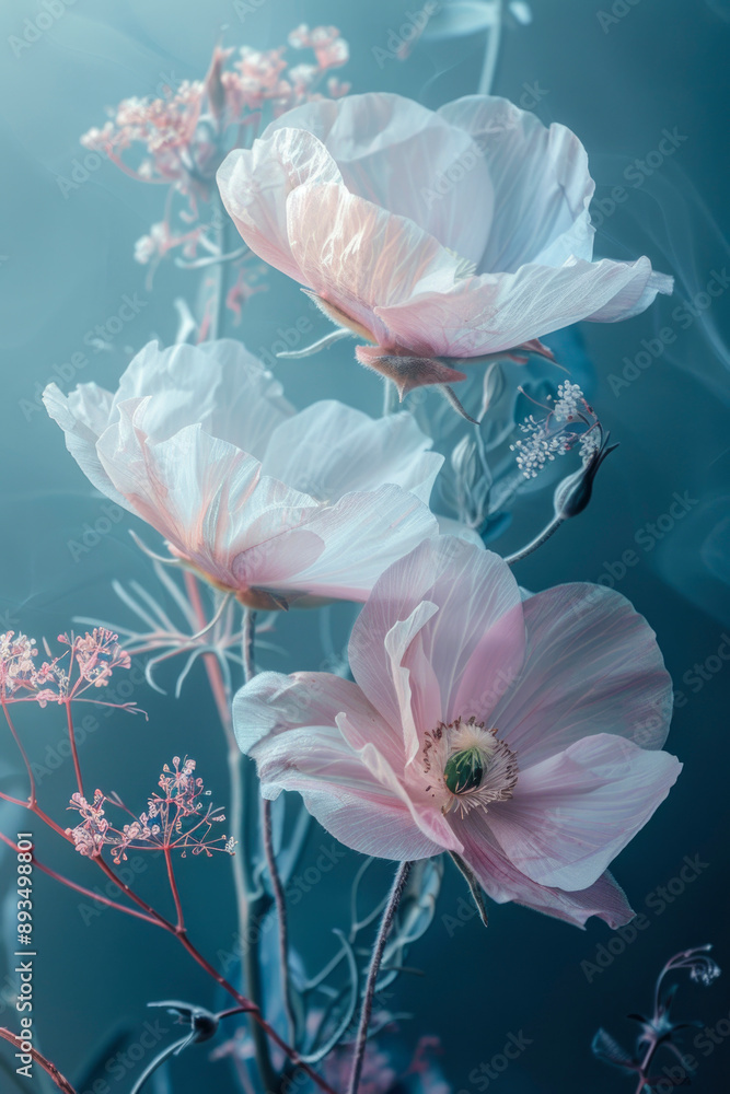 floral background. lovely translucent pink poppies on dark blue floral background. lovely translucent pink poppies on dark blue