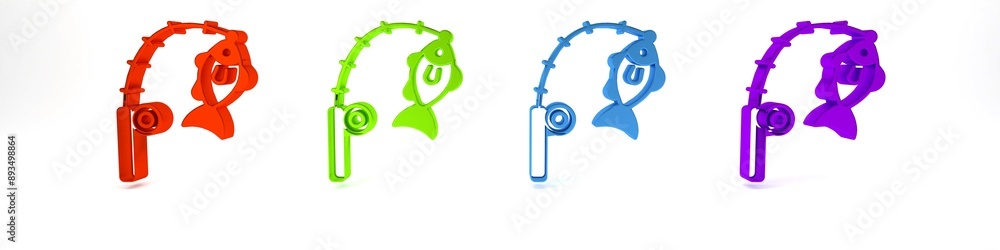 Colorful Fishing rod and fish icon isolated on white background. Fishing equipment and fish farming topics. Minimalism concept. 3D render illustration Colorful Fishing rod and fish icon isolated on white background. Fishing equipment and fish farming topics. Minimalism concept. 3D render illustration