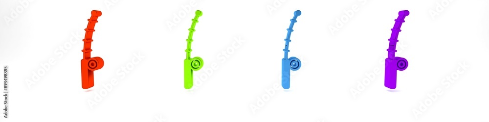 Colorful Fishing rod icon isolated on white background. Catch a big fish. Fishing equipment and fish farming topics. Minimalism concept. 3D render illustration Colorful Fishing rod icon isolated on white background. Catch a big fish. Fishing equipment and fish farming topics. Minimalism concept. 3D render illustration