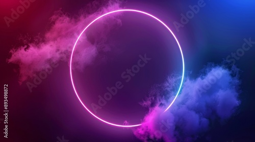 Abstract neon background with glowing oval shape and spinning cloud. Blank geometric frame © Otseira