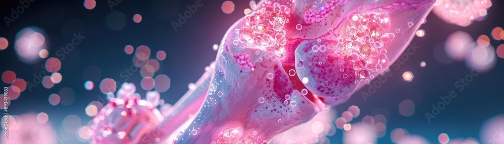Realistic depiction of a knee joint with chronic gout, featuring visible crystals, medical illustration of persistent inflammation and pain Realistic depiction of a knee joint with chronic gout, featuring visible crystals, medical illustration of persistent inflammation and pain