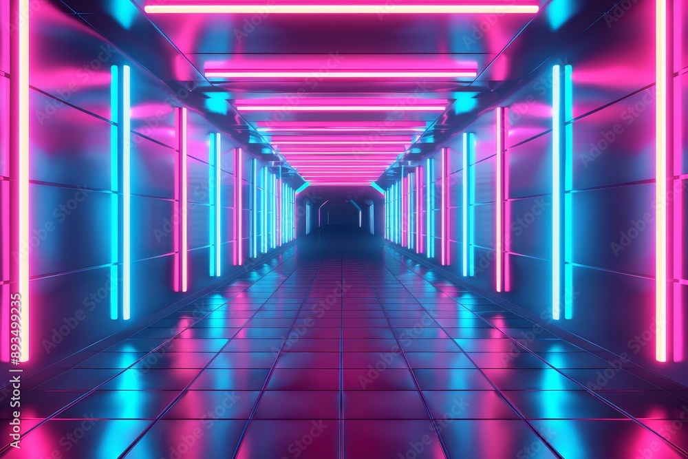 Using generative AI, this futuristic tunnel backdrop features bright neon lights Using generative AI, this futuristic tunnel backdrop features bright neon lights