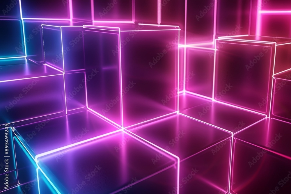 Generated stock created an abstract background of square and rectangle shaped neon lights reflecting on dark surfaces Generated stock created an abstract background of square and rectangle shaped neon lights reflecting on dark surfaces