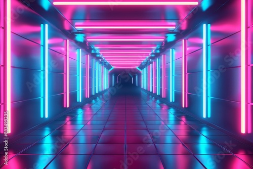 Using generative AI, this futuristic tunnel backdrop features bright neon lights