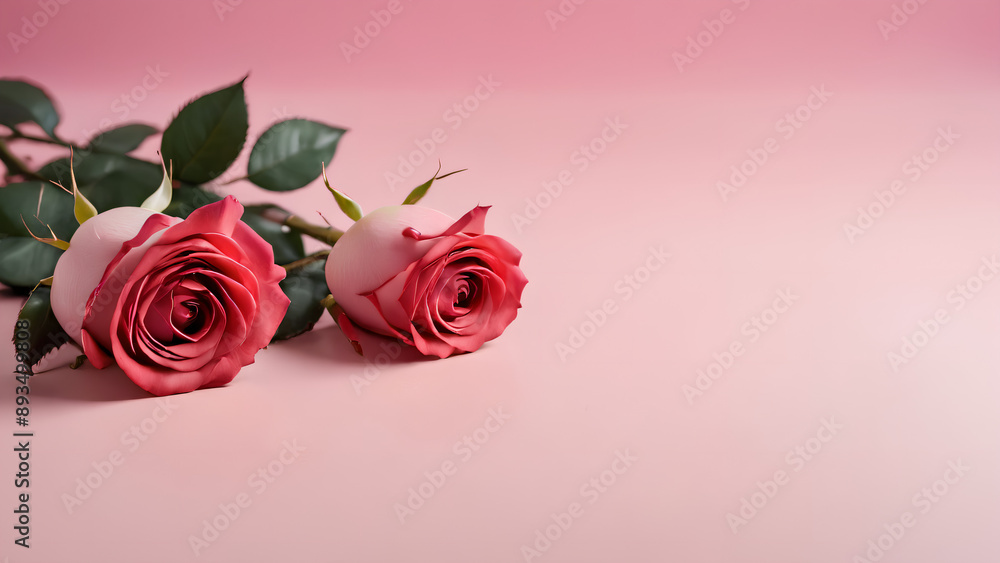 Valentine's Day design concept background with pink and red rose flower on pink table background Valentine's Day design concept background with pink and red rose flower on pink table background